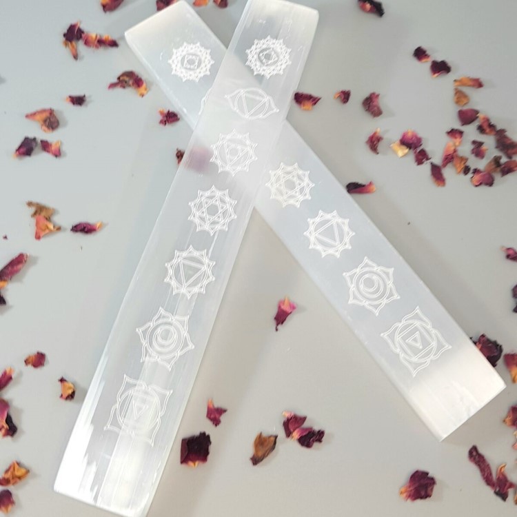 Selenite Engraved Chakra Symbol Flat Wand