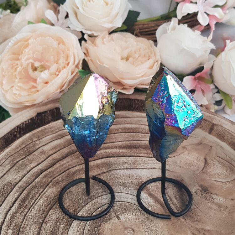Rainbow Aura Quartz Point on Stand