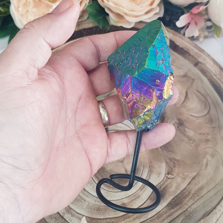 Rainbow Aura Quartz Point on Stand - Image 7