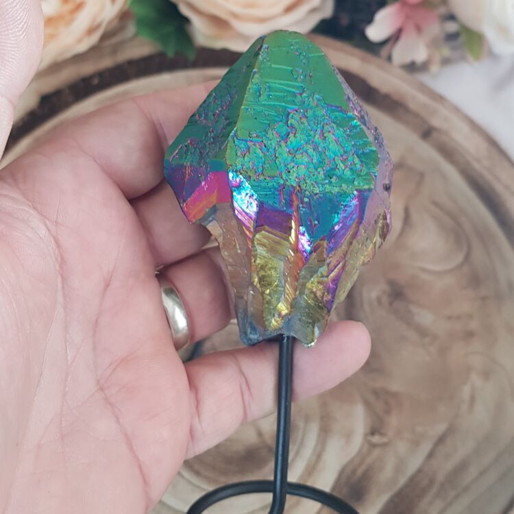 Rainbow Aura Quartz Point on Stand - Image 6
