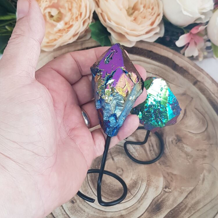 Rainbow Aura Quartz Point on Stand - Image 5