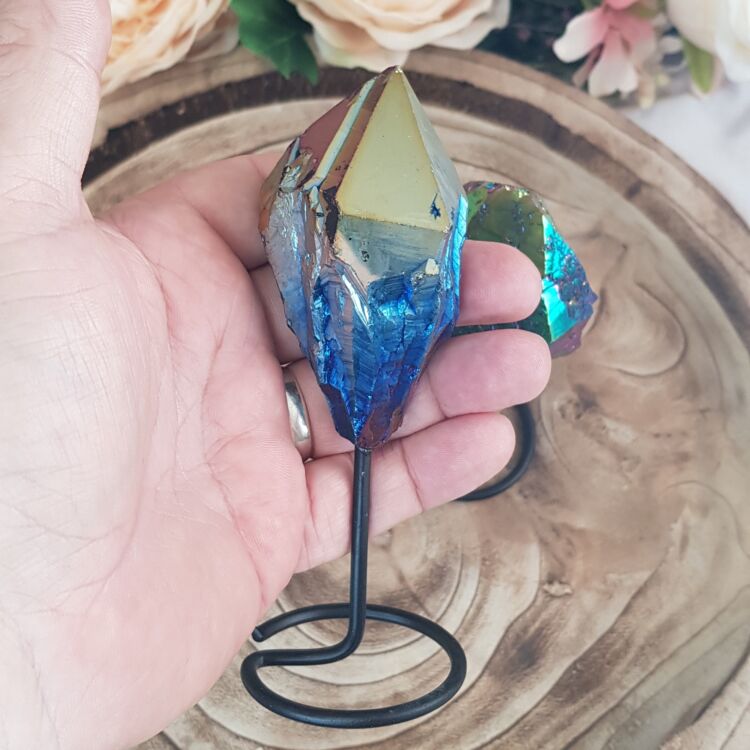 Rainbow Aura Quartz Point on Stand - Image 4
