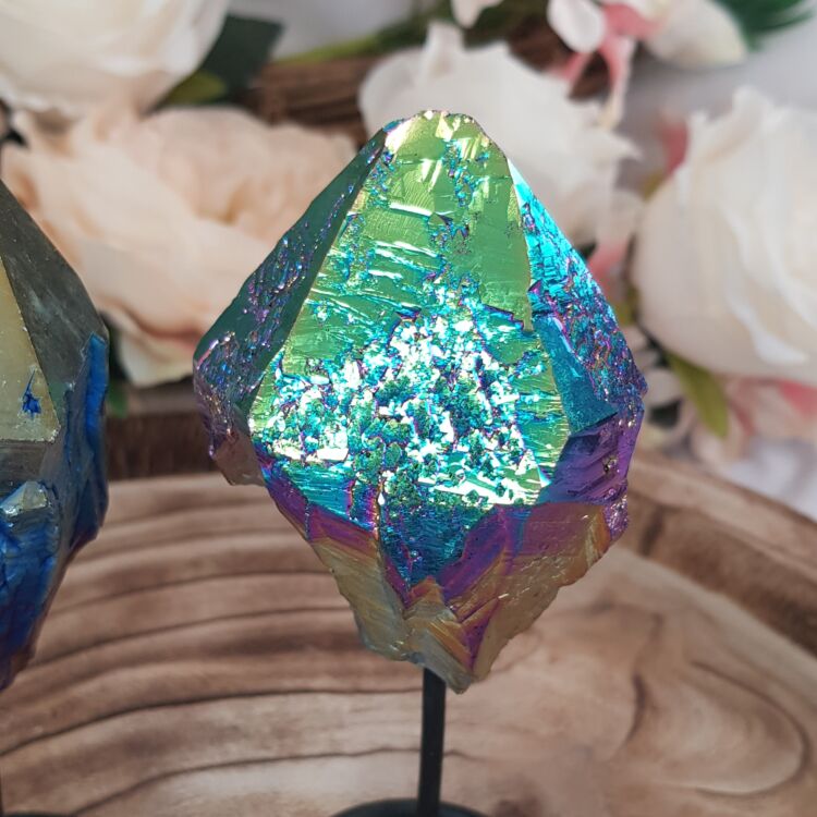 Rainbow Aura Quartz Point on Stand - Image 3