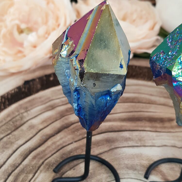 Rainbow Aura Quartz Point on Stand - Image 2
