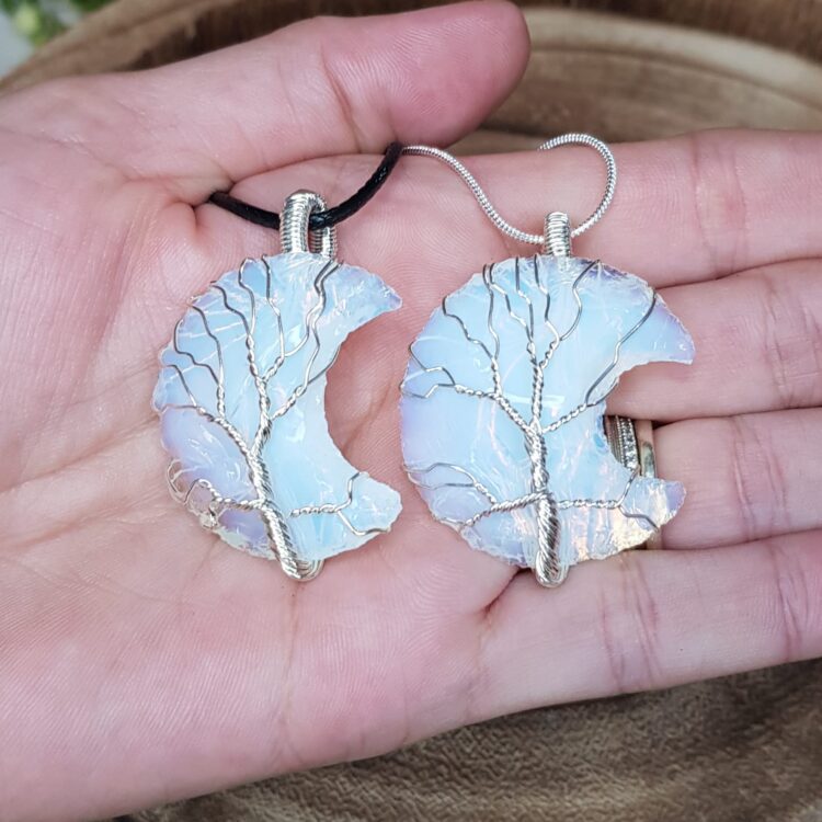Opalite Crescent Moon Tree of Life Pendant Necklace